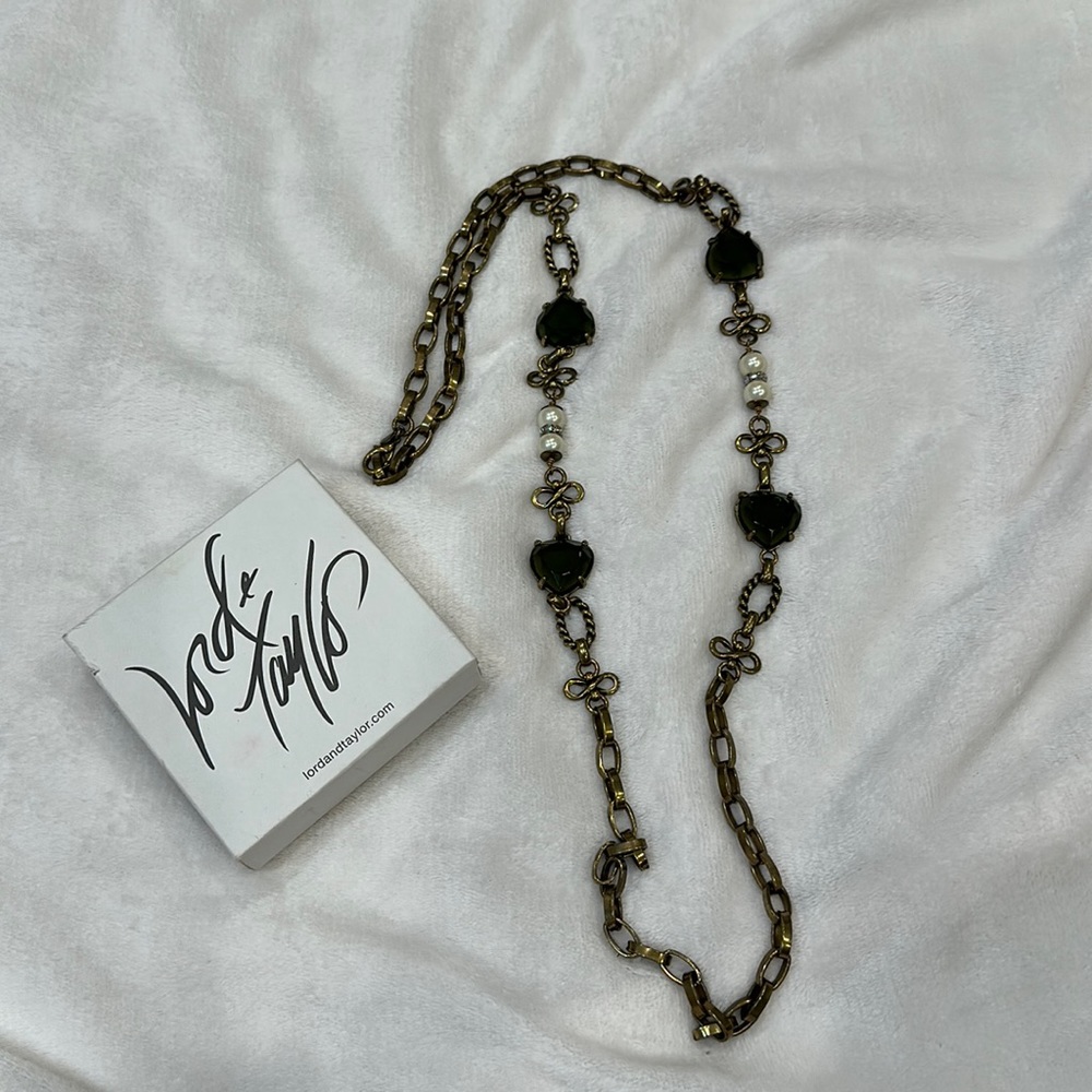 Gerard Yosca Long Green Heart Shaped Pearl Necklace Antiqued Gold